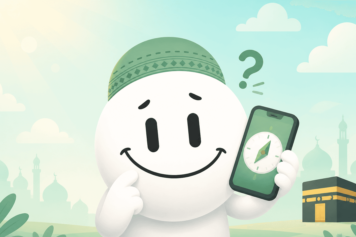 Mascot finding Qibla direction with phone compass