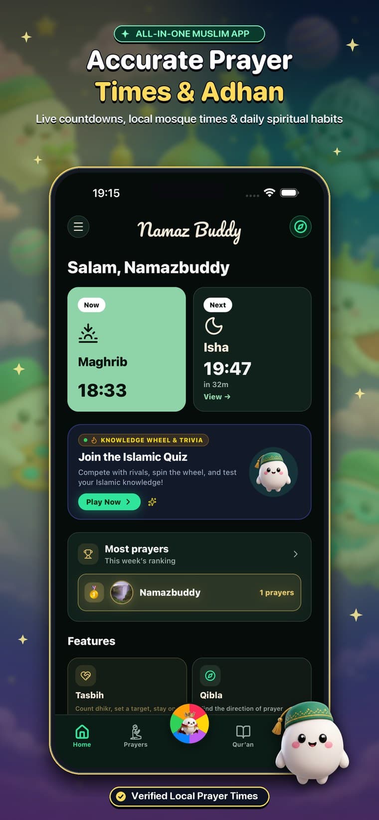 Namaz Buddy home screen — accurate prayer times & Adhan countdown